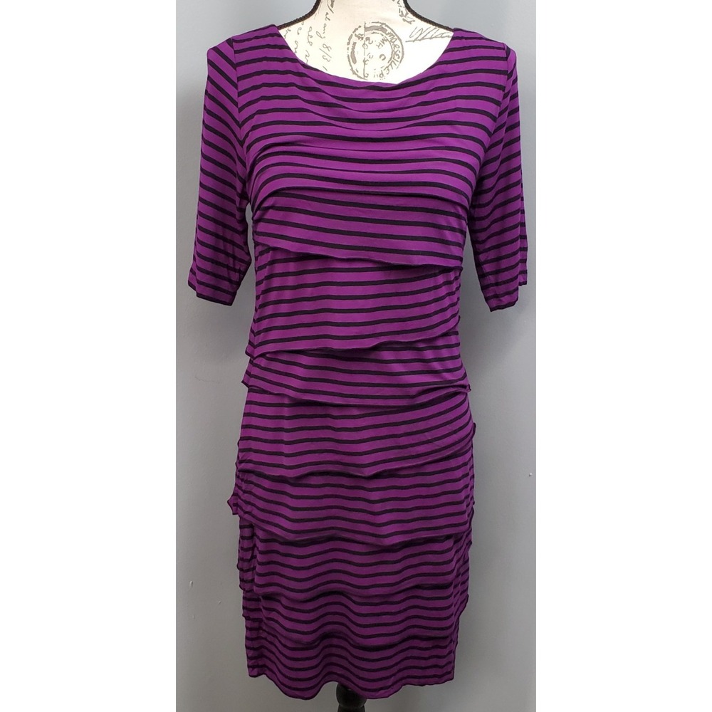 Vince Camuto Shift Dress Womens M Purple Black Striped Elbow Sleeve Designer